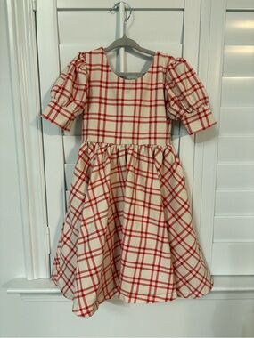 Ollie Jay Scarlett Girls Plaid Puff-Sleeve Dress in Cream and Red size 6